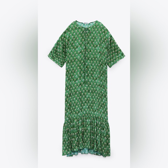 Zara Green Crinkle Floral Printed Short Sleeve Ruffle Maxi Dress XS - Picture 2 of 9